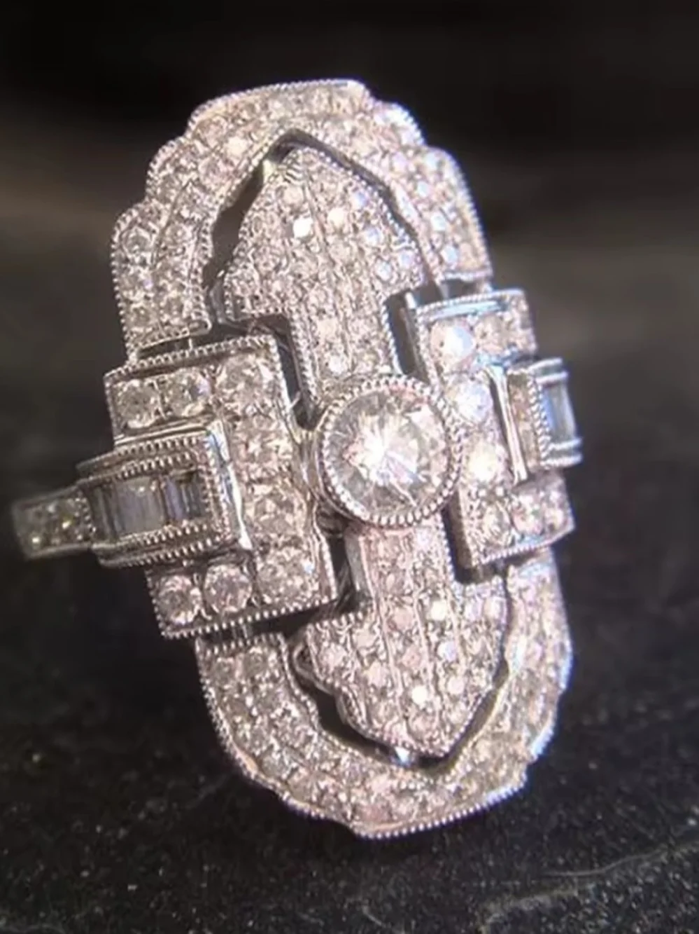 White Rhodium Art Deco Pave Tourmaline Ring